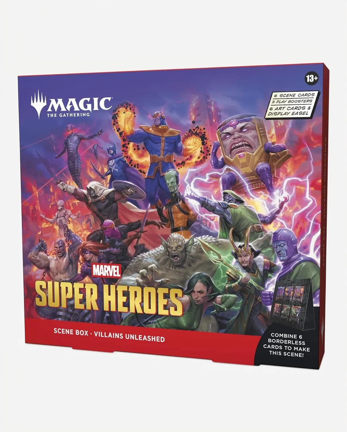 Magic: The Gathering | Marvel Super Heroes Scene Box - Villains Unleashed | 6 Foil Borderless Scene Cards, 6 Art Cards, 3 Play Boosters + Display Easel